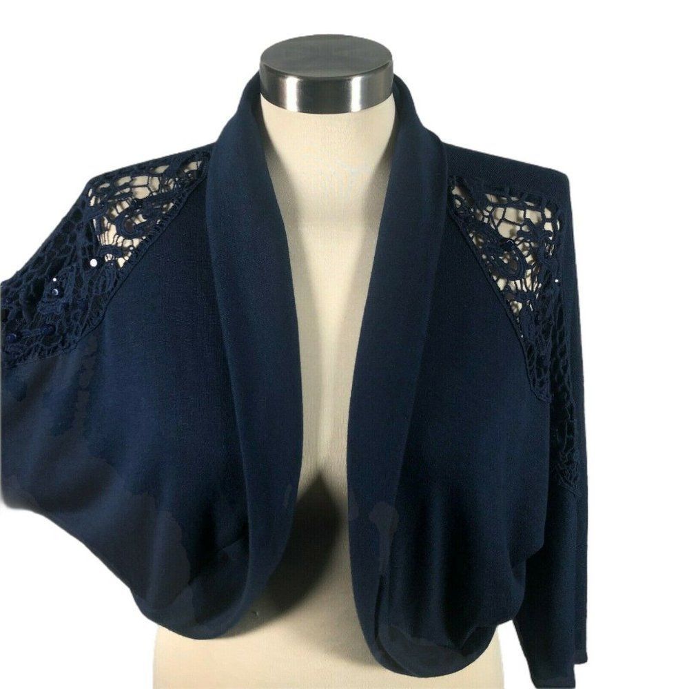 NEW Delirious Womens Sweater Cardigan 3X Petite Blue Lace Rhinestone Long Sleeve